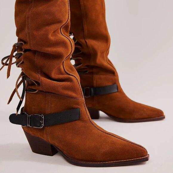Free People Back-lace Sway Low Slouchy Boots Burnt Caramel Suede NWOB Size 7 - Picture 4 of 11